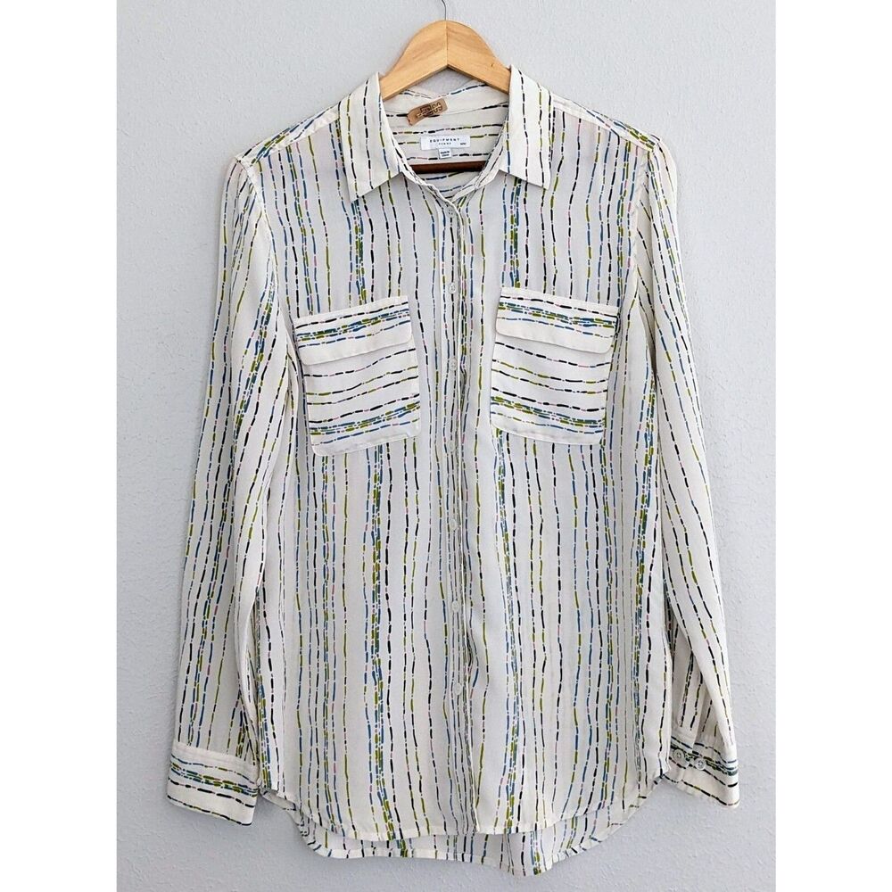 Equipment Silk Blouse White Navy Striped Slim Signature Shirt M Med Long Sleeve
